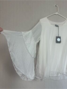 NWT M Made in Italy Silk White Dramatic Bell Sleeves Blouse Top Sz L